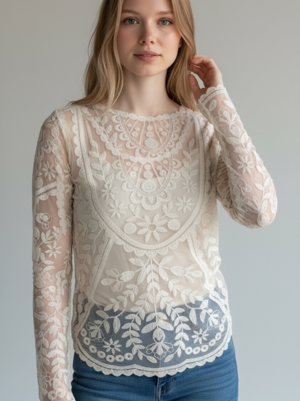 Xhilaration Target Cream Lace Sheer Long Sleeve Top Boho S/M P/M